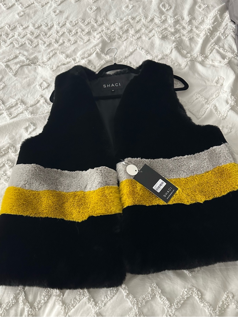 Woman’s Black Faux Fur Vest with Yellow & Gray Stripe